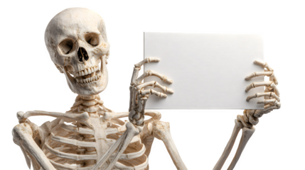 Skeleton holding party banner, isolated on white background