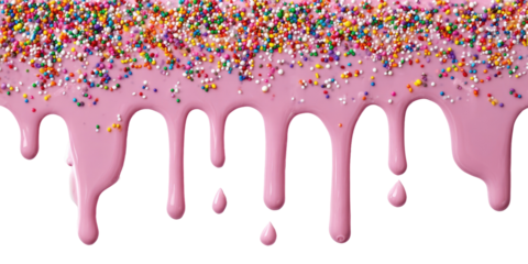 Dripping pink icing with colorful sprinkles on a black background