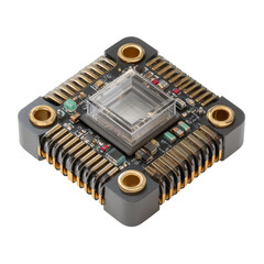 Square, metallic, integrated circuit with a central optical component.  Gold-colored, ribbed framing encircles a dark grey, square base.  Small circuit board details are visible.
