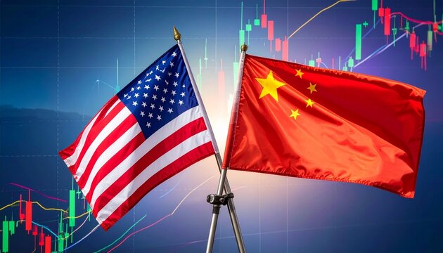 United States and China flags waving over financial charts, symbolizing global economic competition
