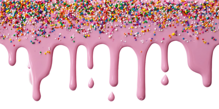 Dripping pink icing with colorful sprinkles on a black background