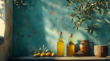 Fototapeta premium Olive oil bottles, olives, and rustic utensils on a wooden shelf against a textured wall. Mediterranean style still life.