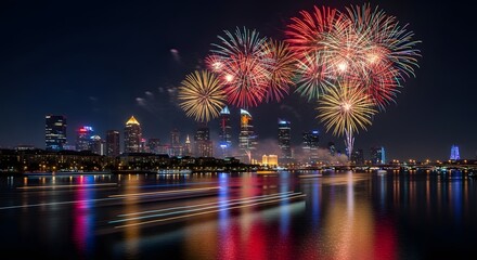 Fireworks light up the night sky over a city skyline reflected in the water, celebrating a special occasion