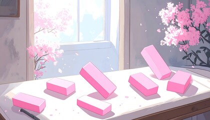 Pink blocks on table, cherry blossoms
