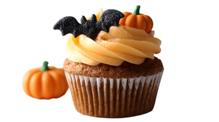 Pumpkin cupcake with bat topper, isolated on white background
