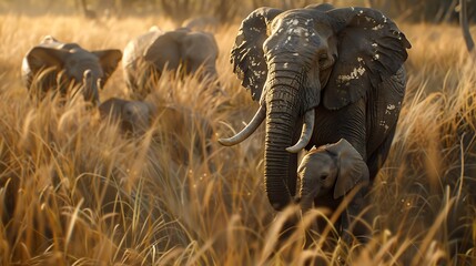  A family of elephants surrounding a newborn calf, providing protection and comfort in the African savannah