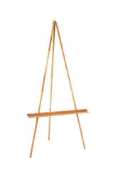 Empty wooden artist's easel, standing tall and ready, isolated on a bright white background. Perfect for themes of art, creativity, education, and display.