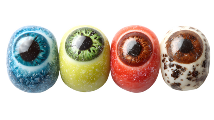 Collection of 5 creepy eyeball candies, isolated on white background