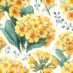 Watercolor Yellow Flowers With Green Leaves Seamless Pattern On White Background