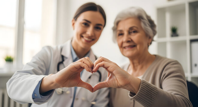 Compassionate Doctor and Senior Patient Forming Heart Shape with Hands Healthcare Medical Care Elderly