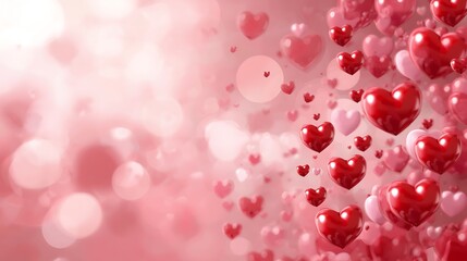 Romantic Red and Pink 3D Hearts Floating on Soft Bokeh Background; Valentine's Day, Love, Romance Concept.