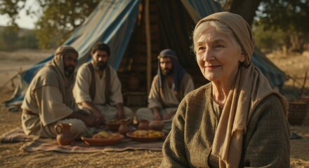 Fototapeta premium Elderly woman with a head covering, smiling while her family gathers in a historical tent setting. Biblical hospitality scene.