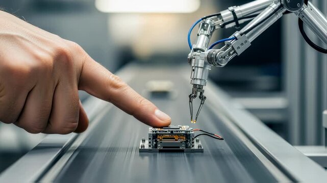 Closeup on a human hand pointing at a device on the conveyor while an automated robotic manipulator assists with precise assembly actions.