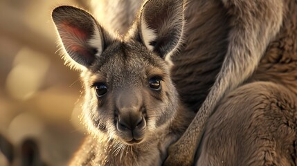 Fototapeta premium A kangaroo joey peeking out from its mother's pouch, curious about the world outside.