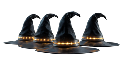 Set of 4 black witch hats with glowing bands, isolated on white background
