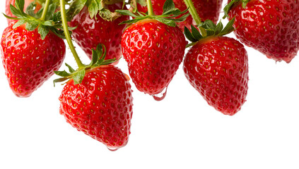 Ruby Red Radiance: Succulent strawberries, captured in a stunning, light-drenched close-up, drip with crystalline droplets, celebrating the vibrant essence of summer in a visual symphony.