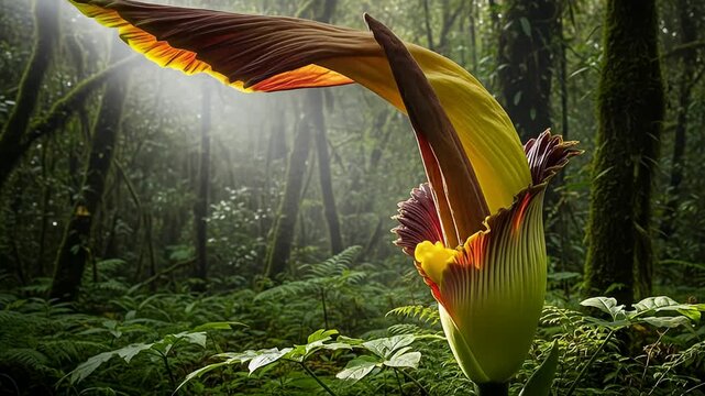 Corpse flower blooms in a misty jungle, vibrant colors against a dense, green backdrop