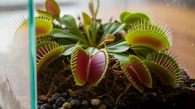 Close-up of Venus flytrap terrarium, featuring open traps, green leaves, and dark substrate