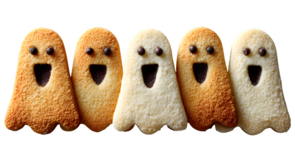 Collection of 5 ghost-shaped cookies, isolated on white background