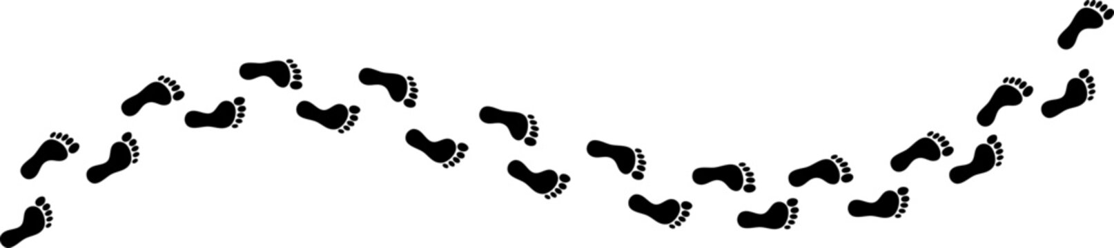 Curved black barefoot trail silhouette. Stylized footstep path ideal for navigation icons, wayfinding, adventure graphics, and map illustrations