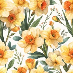 Elegant Watercolor Daffodil Pattern On White Background For Textile Or Wallpaper