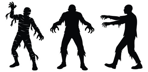 Collection of three full body black silhouette zombie figures isolated on white background