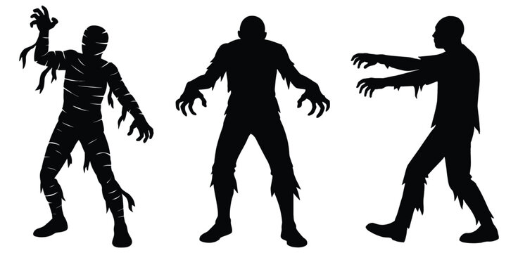 Collection of three full body black silhouette zombie figures isolated on white background