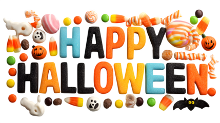 "Happy Halloween" bold block letters with candy and sweet decorations, isolated on white background
