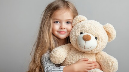 Happy young girl with long hair cuddling a soft teddy bear against a neutral background, showcasing joy and innocence in childhood
