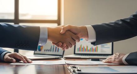 Business handshake over the desk with laptop and financial charts in the office setting