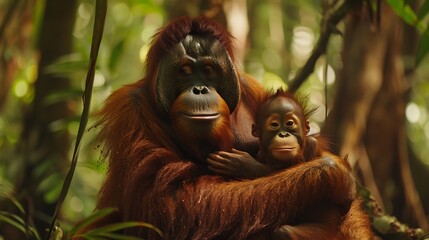 Obraz premium A mother orangutan cradling her infant in her arms, demonstrating tender maternal care in the lush rainforest