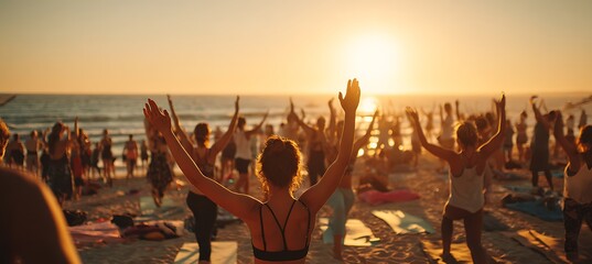Yoga retreat on beach at sunset with people practicing poses for wellness and healthy lifestyle event now