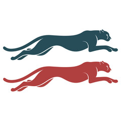 Two stylized jaguars in dynamic leaping poses, one teal, one red.