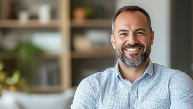 Cheerful adult man with beard smiling in modern home office environment showcasing happiness and positivity in daily life