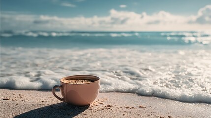 Coffee cup on a sandy beach with turquoise ocean waves providing a relaxing and peaceful moment of refreshment