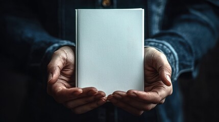Naklejka premium Person Holding a Blank Book with Soft Cover Against a Dark Background in a Dimly Lit Environment