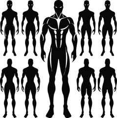 Silhouettes of a muscular superhero figure in various poses vector illustration