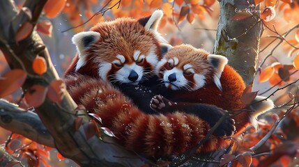 A pair of red pandas cuddling together in a tree, their fluffy tails wrapped around their young for warmth.