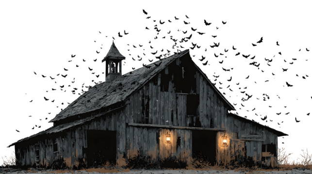 Haunted farm barn silhouette with bats and lanterns, isolated on white background, HD realistic