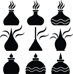 Set of Black Silhouettes of Various Oil Lamps and Scientific Flasks Keywords: oil lamp, flask, scientific