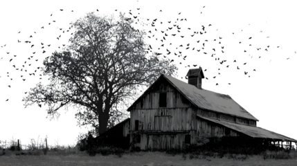 Haunted farm barn silhouette with bats and lanterns, isolated on white background, HD realistic