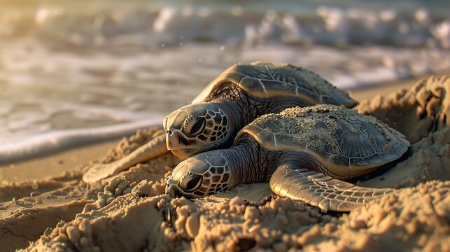 A pair of sea turtles carefully burying their eggs in the sand before returning to the ocean, entrusting their offspring to the elements.