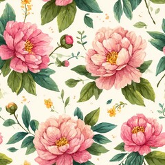 Watercolor Peonies Seamless Pattern With Leaves And Small Flowers Illustration