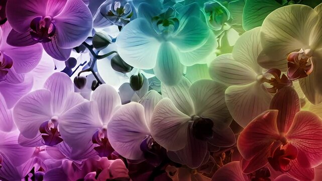 Colorful orchids fill the frame, shifting from magenta to red, green, teal, and yellow