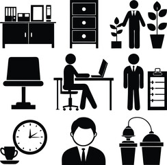Office Furniture And Business People Icons In Silhouette desk cabinet