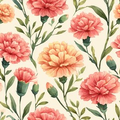 Watercolor Floral Seamless Pattern Featuring Carnations Flowers And Green Leaves
