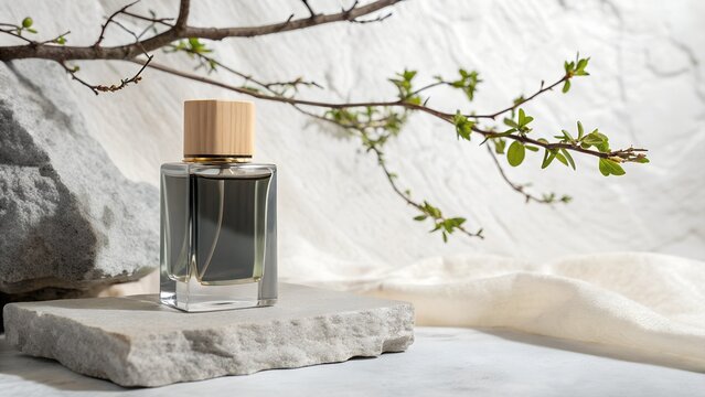 Elegant Perfume Bottle Displayed with Natural Elements for a Minimalist Aesthetic
