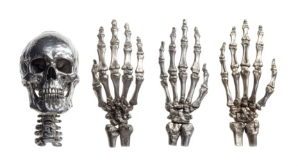 Collection of 4 skeleton hands in different poses, isolated on white background