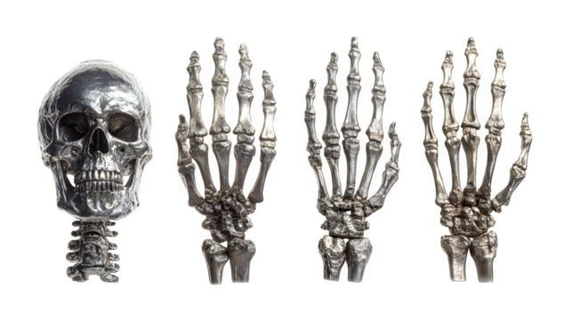 Collection of 4 skeleton hands in different poses, isolated on white background