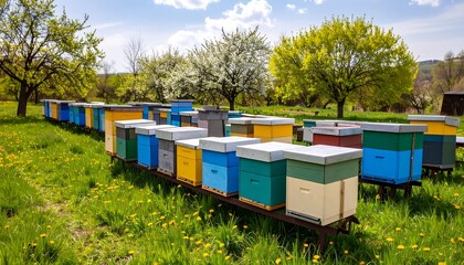 Colorful beehives in a grassy meadow under a partly cloudy sky